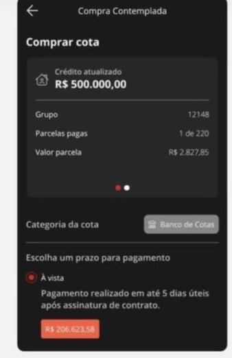 Tela do sistema Ademicon: crédito de R$ 500.000, grupo 12148, 1 parcela paga