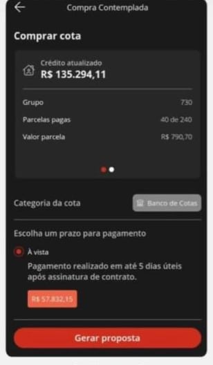 Tela do sistema Ademicon: crédito de R$ 135.294,11, grupo 730, 40 parcelas pagas