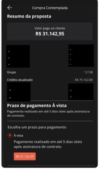 Tela do sistema Ademicon: crédito de R$ 75.162, grupo 12138, 4 parcelas pagas