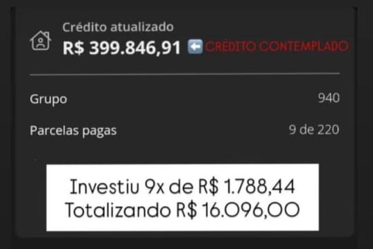 Tela do sistema Ademicon: crédito atualizado de R$ 399.846,91, crédito contemplado, grupo 940, 9 de 220 parcelas pagas
